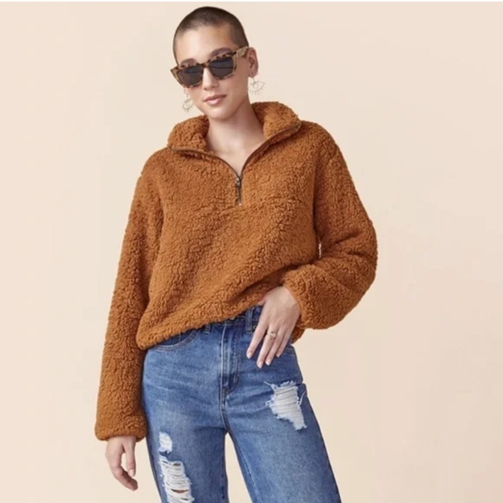 NWOT No Boundaries Brown Sherpa Quarter Zip Pullover Sweater L Teddy Cabincore